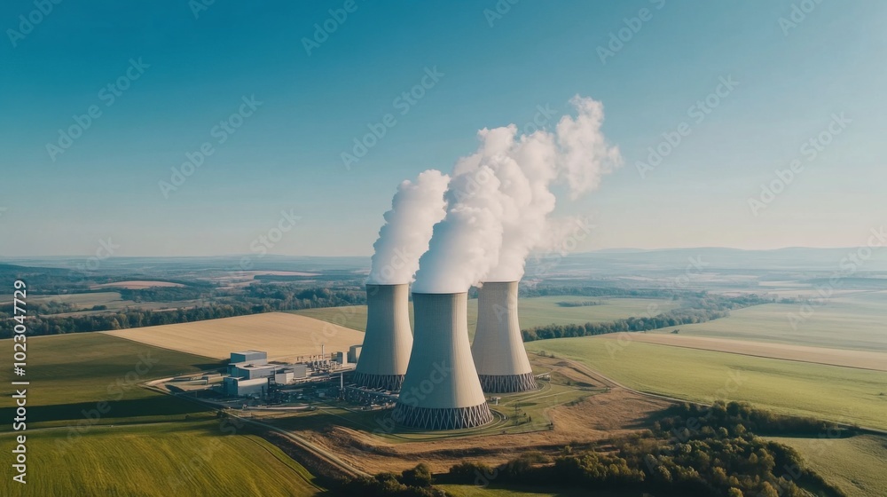 Aerial view of modern nuclear power plant with cooling towers emitting steam against clear blue sky, surrounded by lush green fields, symbolizing clean energy and environmental balance. Aerial view of modern nuclear power plant with cooling towers emitting steam against clear blue sky, surrounded by lush green fields, symbolizing clean energy and environmental balance.
