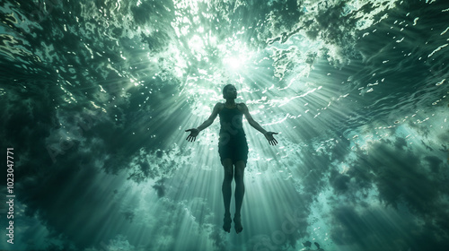 Silhouette of black woman underwater, arms outstretched towards sunlight. Ethereal scene symbolizing rebirth, enlightenment, or spiritual awakening, with rays piercing through turquoise depths.