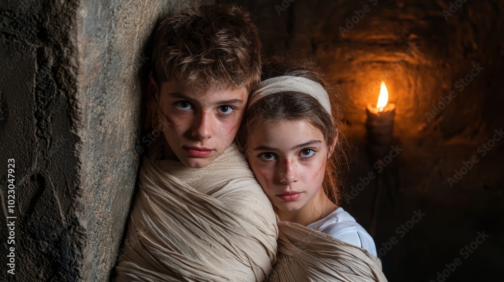 A fun Halloween couple dressed as a mummy and a pharaoh, wrapped in bandages and standing in front of an ancient tomb, with glowing torches on the walls. A fun Halloween couple dressed as a mummy and a pharaoh, wrapped in bandages and standing in front of an ancient tomb, with glowing torches on the walls.