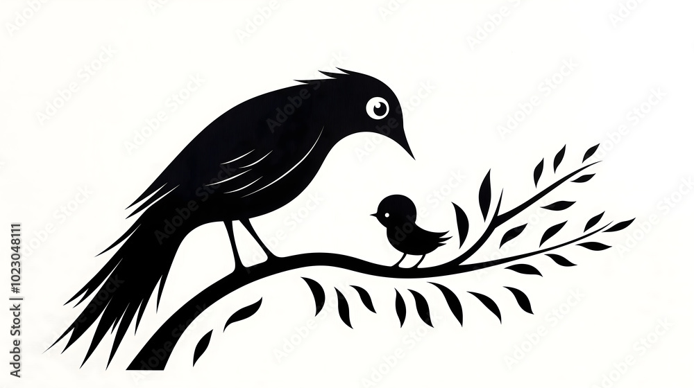 Obraz premium Bird mother and baby on branch, black and white vector style
