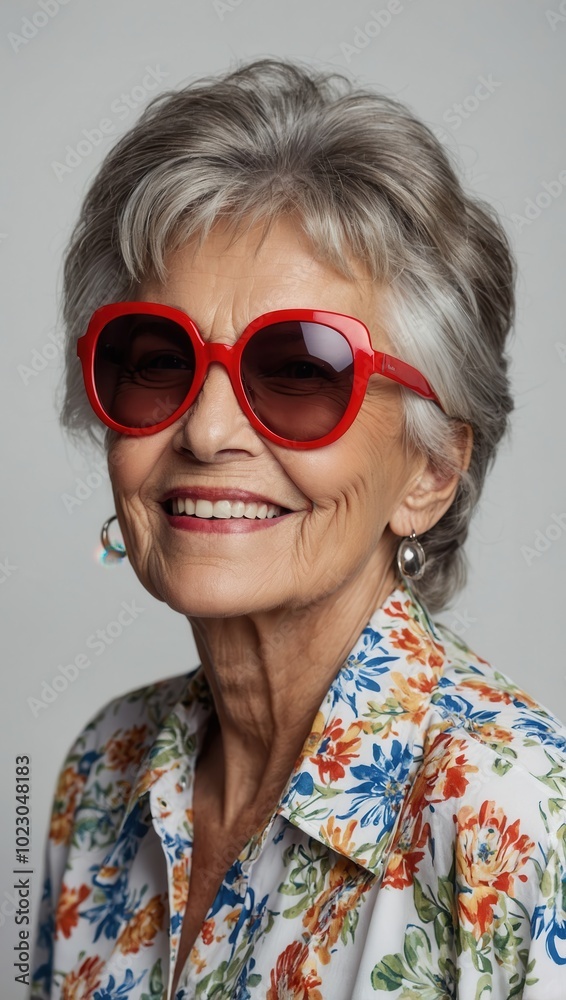 Elderly woman with red round sunglasses and floral blouse, smiling cheerfully Elderly woman with red round sunglasses and floral blouse, smiling cheerfully