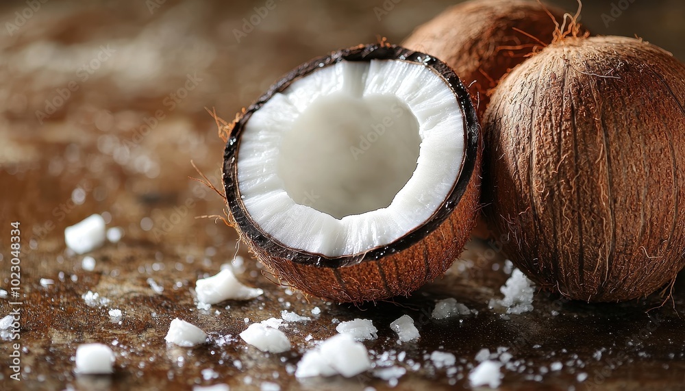 Coconuts cracked open on rustic wooden surface with fresh coconut meat and flakes spilling out Coconuts cracked open on rustic wooden surface with fresh coconut meat and flakes spilling out