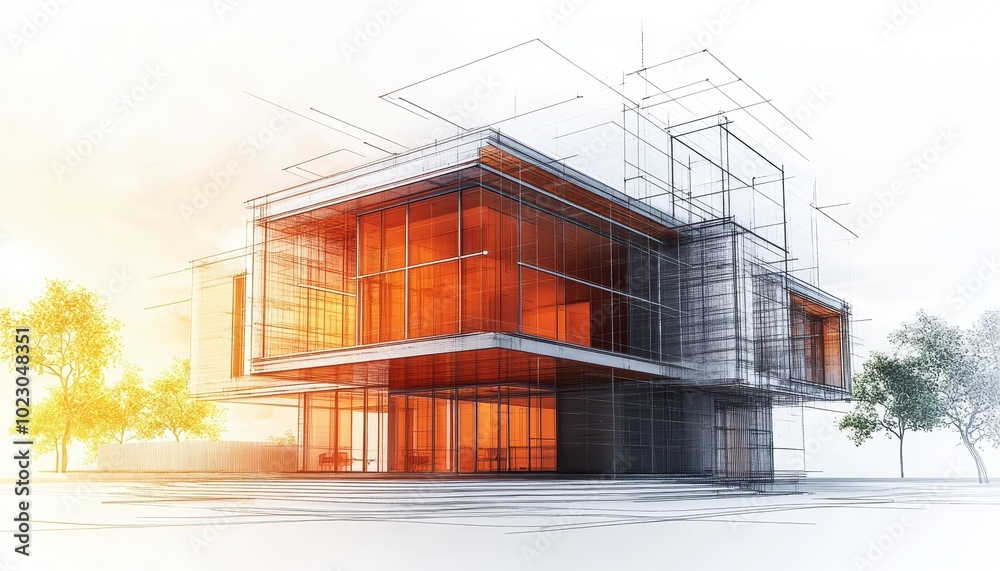 Innovative structural engineering design of a modern building with glass façade and open spaces