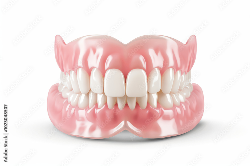 Full Denture Smile: A close-up shot of a full denture with a bright, white, and healthy smile. The pink gum line creates a natural and appealing look. Full Denture Smile: A close-up shot of a full denture with a bright, white, and healthy smile. The pink gum line creates a natural and appealing look.