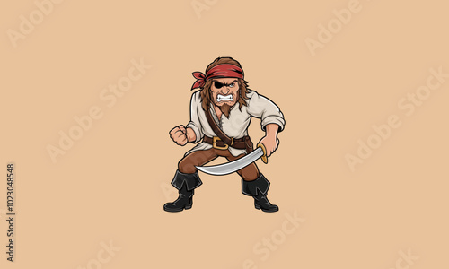 Cartoon pirate with sword, angry expression, and red bandana.