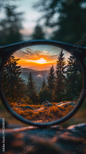 blurred sunset forest landscape clarity through eyeglasses lens closeup