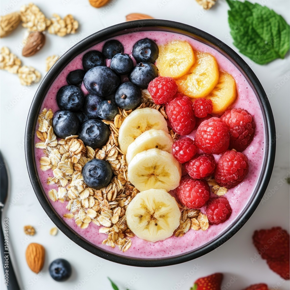 A vibrant smoothie bowl topped with fruits, oats, and nuts, showcasing a healthy breakfast option. A vibrant smoothie bowl topped with fruits, oats, and nuts, showcasing a healthy breakfast option.