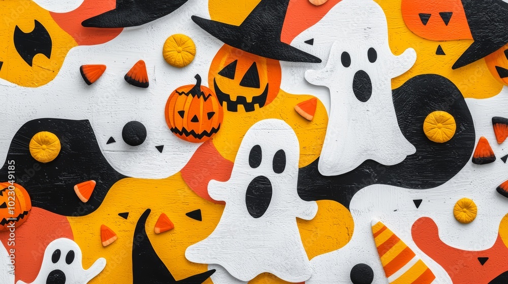 Fototapeta premium A graffiti-style Halloween mural with cartoonish witches on broomsticks, spooky ghosts, and vibrant candy corn, splashed across a weathered city wall.