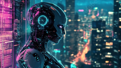 Futuristische Silhouette einer Person in einem Virtual-Reality-Headset mit Datenströmen. Konzepte der virtuellen Realität, der erweiterten Realität und fortschrittlicher Technologien.