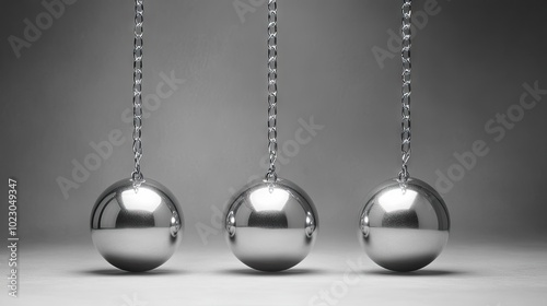 Silver Newton's cradle balls in perfect alignment on a monochromatic background, illustrating movement, balance, and energy transfer concepts.