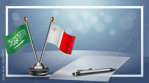 Saudi Arabia and Malta Small national flag on bokeh background, cooperative relationship