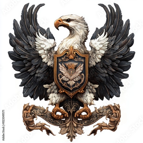 A powerful eagle with outstretched wings holds a shield featuring another eagle emblem, atop an ornate scrollwork base. This regal image signifies strength, heraldry, and national pride.