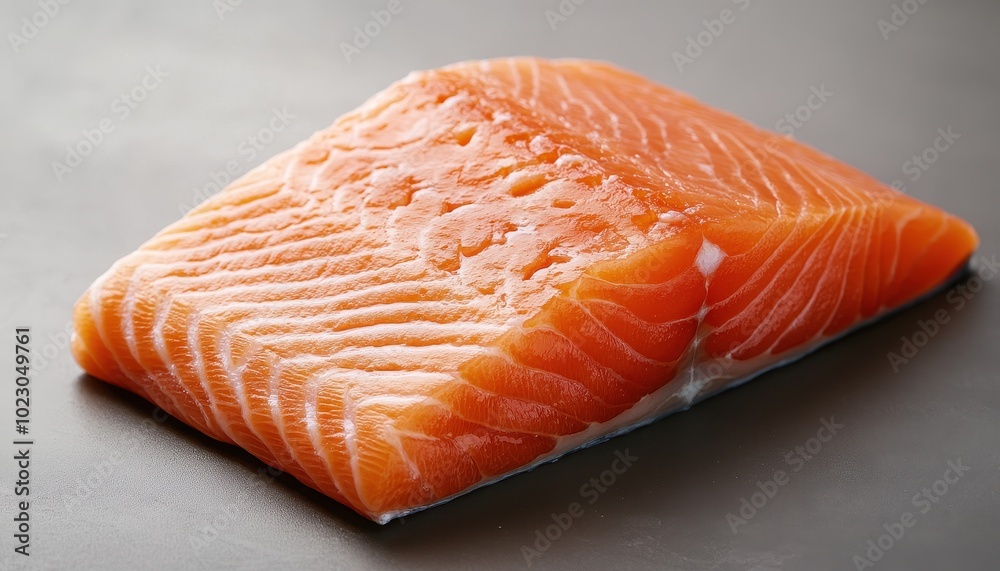 Fresh wild-caught salmon fillet with rich orange color and distinct marbling Fresh wild-caught salmon fillet with rich orange color and distinct marbling