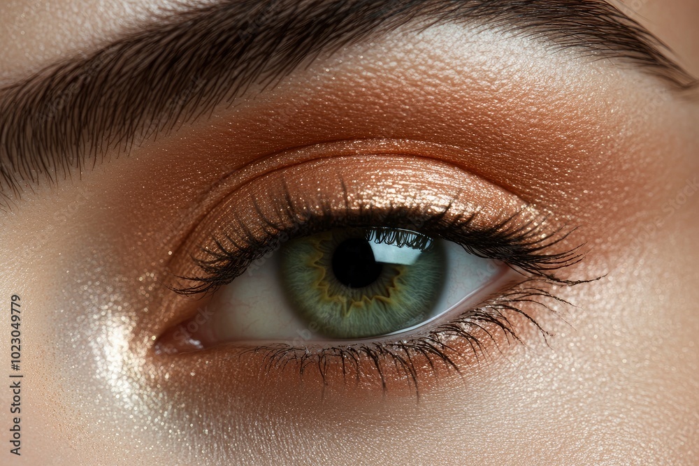 Closeup shot of female green pistachio colour eye with day makeup - generative ai Closeup shot of female green pistachio colour eye with day makeup - generative ai