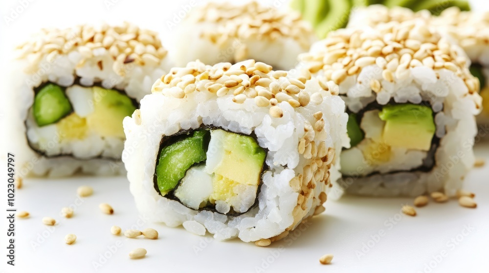 A close-up of avocado sushi rolls, beautifully arranged with sesame seeds and wasabi, set against a clean white background A close-up of avocado sushi rolls, beautifully arranged with sesame seeds and wasabi, set against a clean white background
