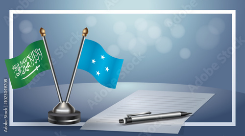 Saudi Arabia and Micronesia Small national flag on bokeh background, cooperative relationship