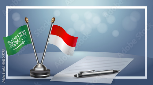 Saudi Arabia and Monaco Small national flag on bokeh background, cooperative relationship