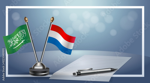Saudi Arabia and Netherlands Small national flag on bokeh background, cooperative relationship