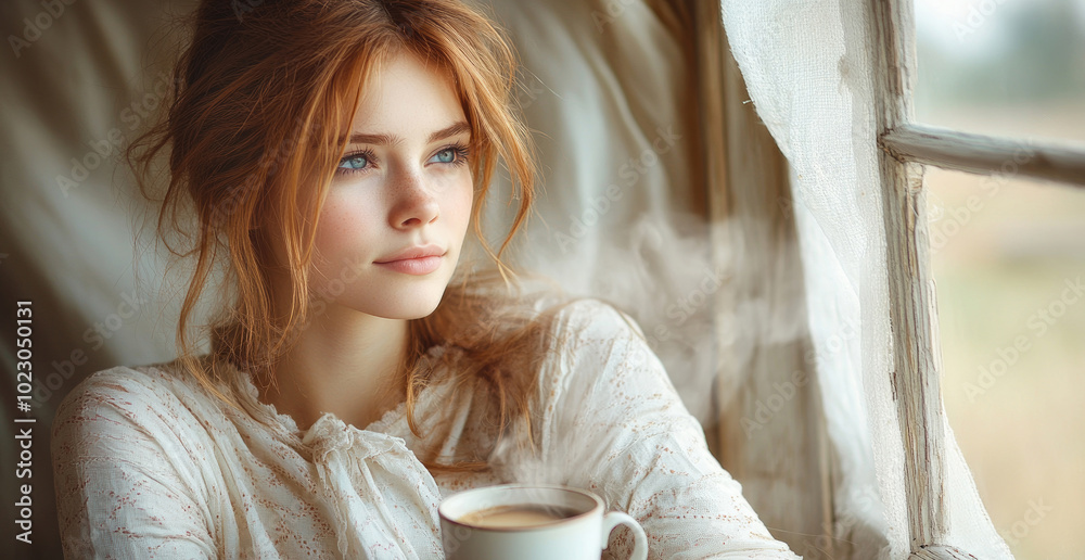 The young woman holds a steaming cup of coffee, gazing dreamily out the window with a serene expression as morning light filters in The young woman holds a steaming cup of coffee, gazing dreamily out the window with a serene expression as morning light filters in