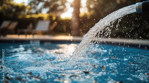 Water sprays from a hose as a pool technician cleans a large filter, removing leaves and dirt, ensuring proper pool filtration and cleanliness.