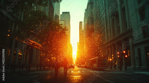 A vibrant golden sunset casts light on a busy city street, highlighting the tall buildings as pedestrians walk and vehicles pass through