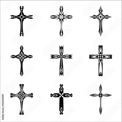 Christian cross vector icon symbols.  Abstract christian religious belief or faith art illustration for orthodox or catholic design. The symbol of the cross in various designs used in tattoo.