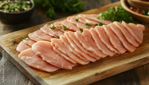 Sliced turkey breast ready for a nutritious meal on a wooden cutting board in a kitchen setting