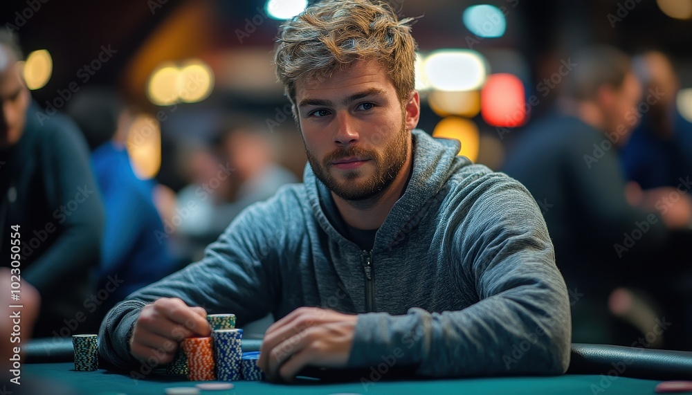 A focused player assesses his hand during a tense high stakes poker game at a casino table A focused player assesses his hand during a tense high stakes poker game at a casino table