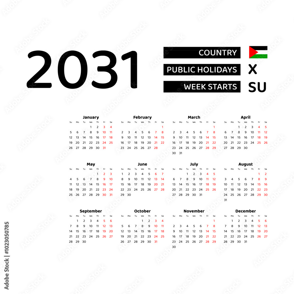 Calendar 2031 English language with Palestine public holidays. Week starts from Sunday. Graphic design vector illustration. Calendar 2031 English language with Palestine public holidays. Week starts from Sunday. Graphic design vector illustration.