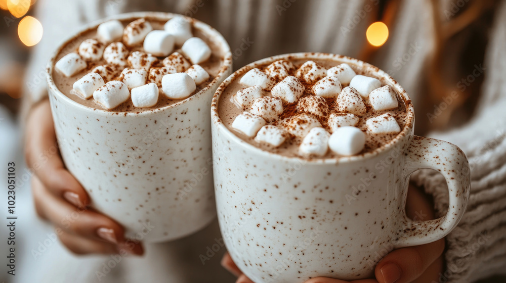 A person holding two steaming mugs of hot chocolate adorned with fluffy marshmallows, surrounded by a cozy and festive atmosphere A person holding two steaming mugs of hot chocolate adorned with fluffy marshmallows, surrounded by a cozy and festive atmosphere