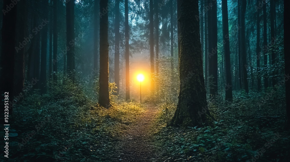 Obraz premium A path through a misty forest, illuminated by a single glowing light.