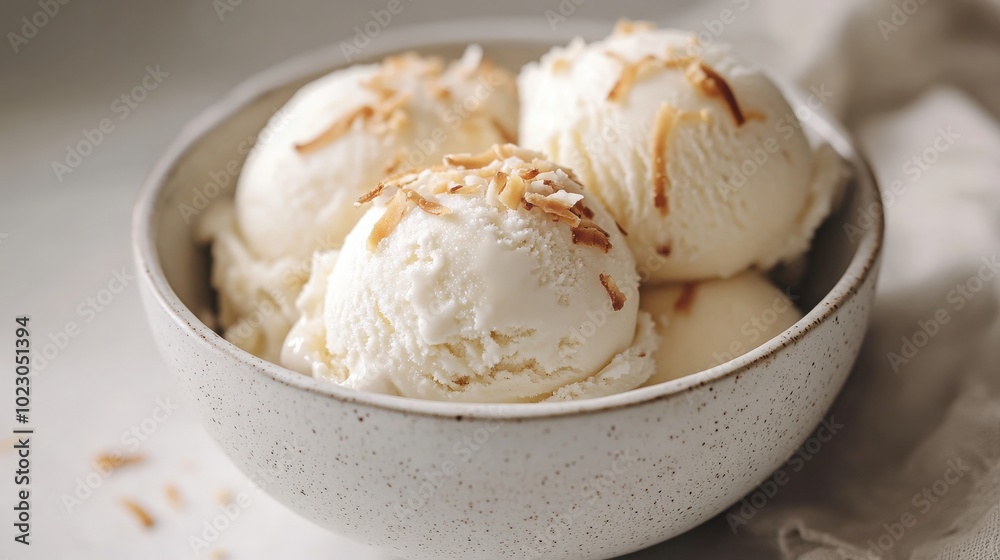 A close-up of coconut ice cream scoops in a bowl, garnished with toasted coconut flakes, beautifully styled on a white surface A close-up of coconut ice cream scoops in a bowl, garnished with toasted coconut flakes, beautifully styled on a white surface