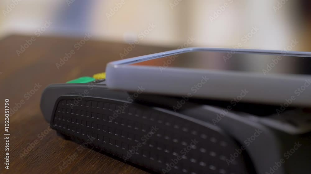 Male's hand puts phone on payment terminal to transfer money for purchase. Convenient shopping. Blurred background. Time efficiency concept Male's hand puts phone on payment terminal to transfer money for purchase. Convenient shopping. Blurred background. Time efficiency concept