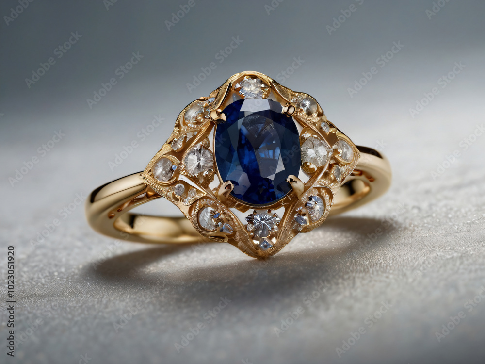 A radiant blue gemstone sits at the heart of this elegant gold ring. A radiant blue gemstone sits at the heart of this elegant gold ring.