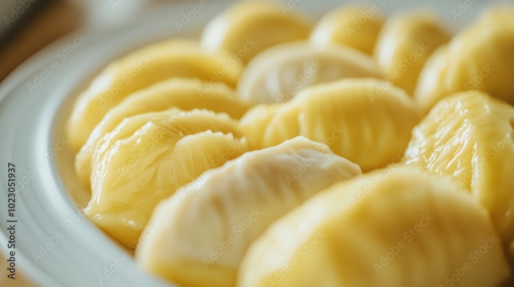 A close-up of durian segments arranged neatly on a white plate, emphasizing their creamy texture and bright color for visual appeal