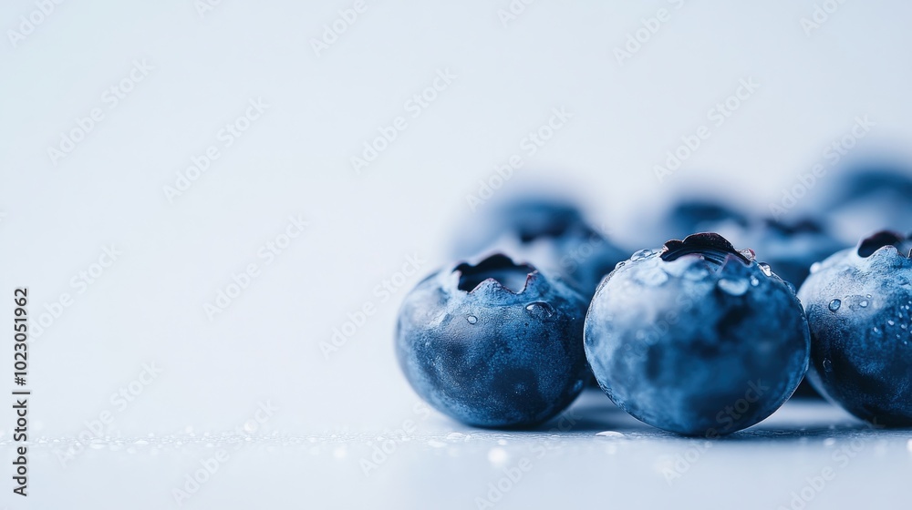 A close-up of fresh blueberries resting on a pristine white background, showcasing their rich blue color and natural sheen A close-up of fresh blueberries resting on a pristine white background, showcasing their rich blue color and natural sheen
