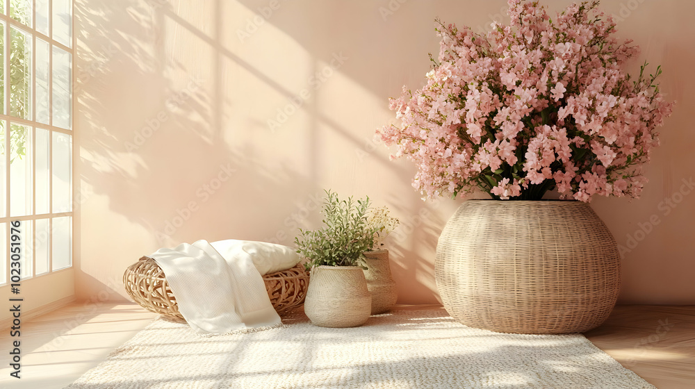 Cozy interior with pink flowers and natural decor elements. Cozy interior with pink flowers and natural decor elements.