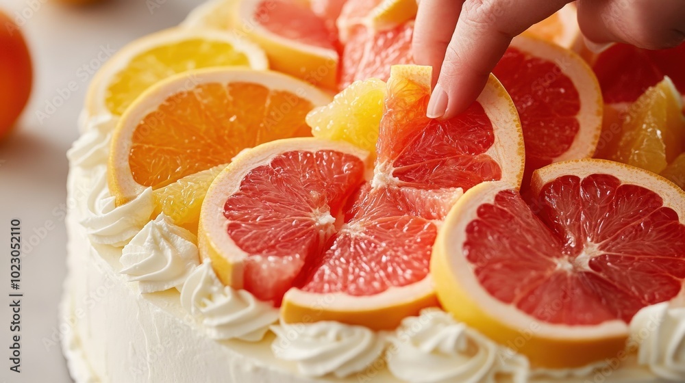 A close-up of grapefruit segments being arranged on a cake, highlighting their vibrant colors and juicy textures against a bright white surface A close-up of grapefruit segments being arranged on a cake, highlighting their vibrant colors and juicy textures against a bright white surface