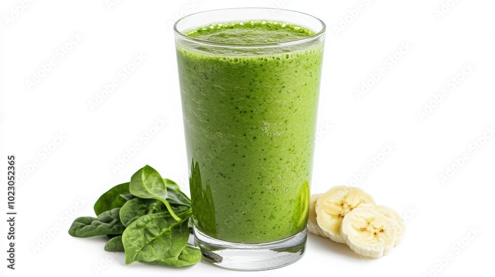 A colorful smoothie featuring avocado, spinach, and banana, beautifully blended and served in a clear glass on a bright white backdrop A colorful smoothie featuring avocado, spinach, and banana, beautifully blended and served in a clear glass on a bright white backdrop