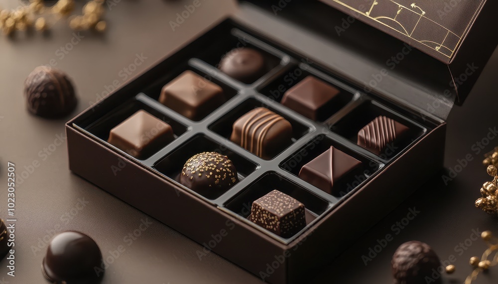 Luxury chocolate box mockup with an array of handcrafted chocolates on a table Luxury chocolate box mockup with an array of handcrafted chocolates on a table