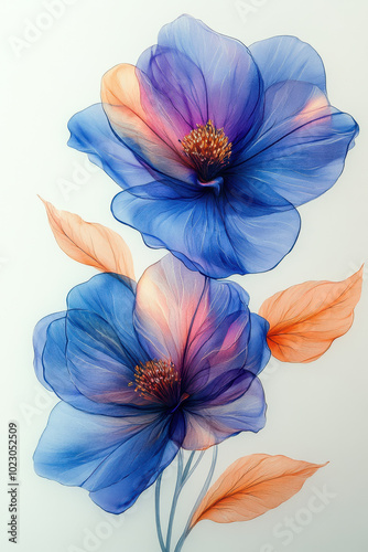 Beautiful three large blue, orange and purple flowers made of glass on white background.