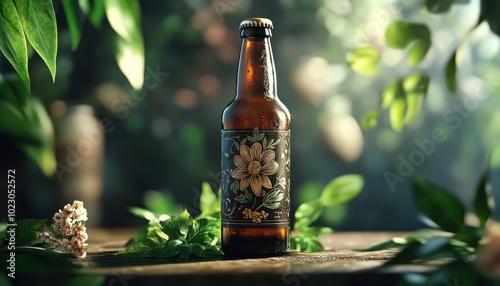 A crisp and refreshing beer bottle mockup surrounded by lush greenery in a natural setting