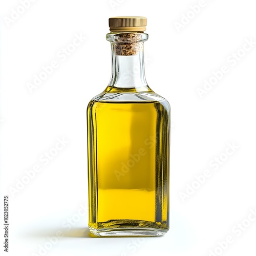 Olive oil in glass bottle, isolated on white background.