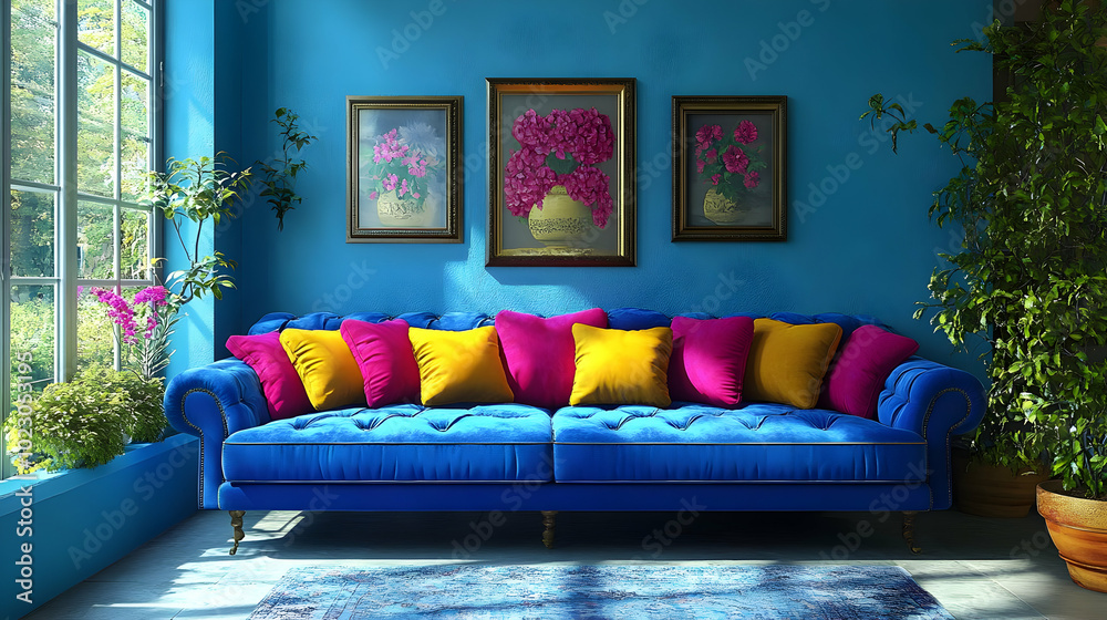 A vibrant blue living room with a colorful sofa and floral art.