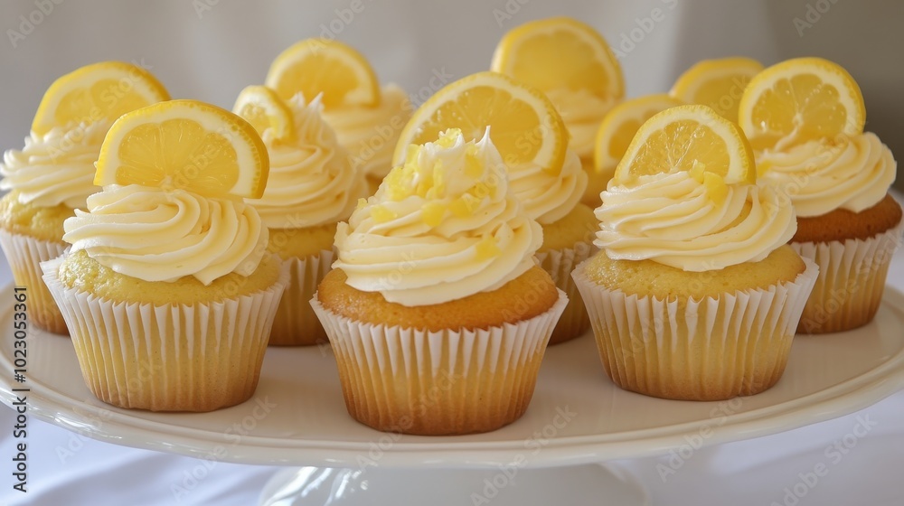 A creative image of lemon cupcakes topped with lemon icing, elegantly presented on a white platter for a delightful dessert option A creative image of lemon cupcakes topped with lemon icing, elegantly presented on a white platter for a delightful dessert option