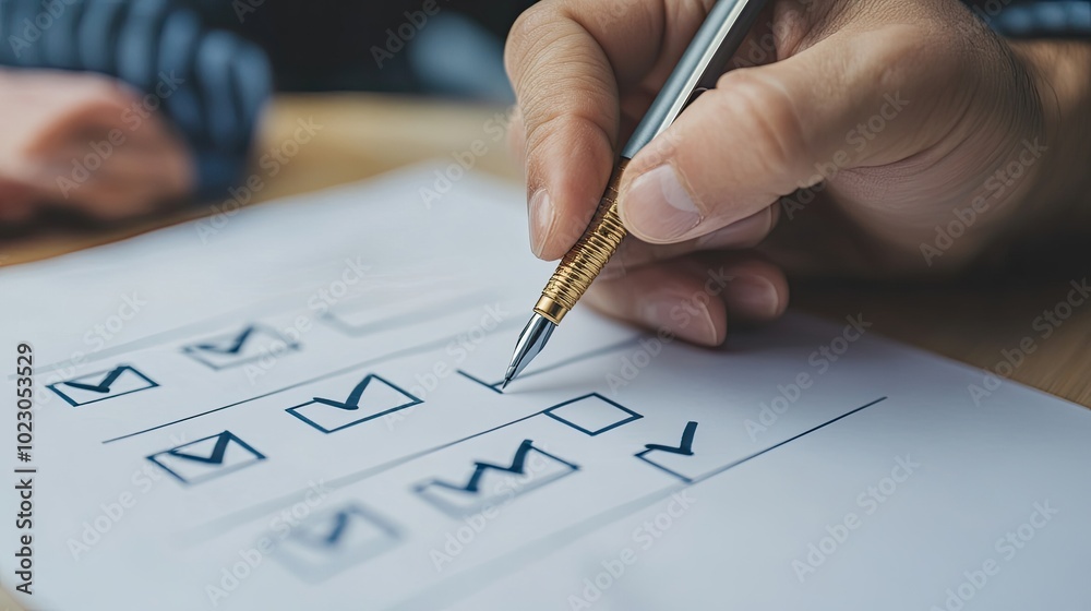 Hand checking a list with a pen. Great image for articles about tasks, to-do lists, and organization. Hand checking a list with a pen. Great image for articles about tasks, to-do lists, and organization.