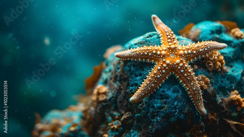 Starfish Clinging to Rock with Tiny Ocean Creatures in its Crevices Symbolizing Interconnectedness