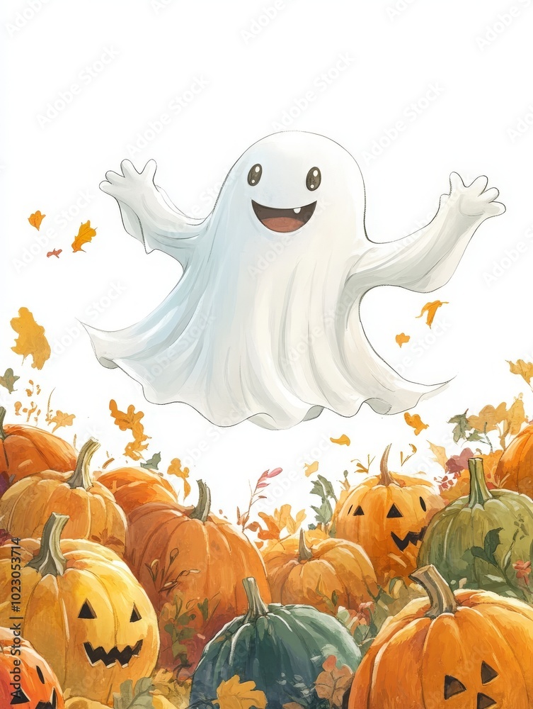 A mischievous ghost with sparkling eyes and a grin floats playfully above a colorful pumpkin patch A mischievous ghost with sparkling eyes and a grin floats playfully above a colorful pumpkin patch