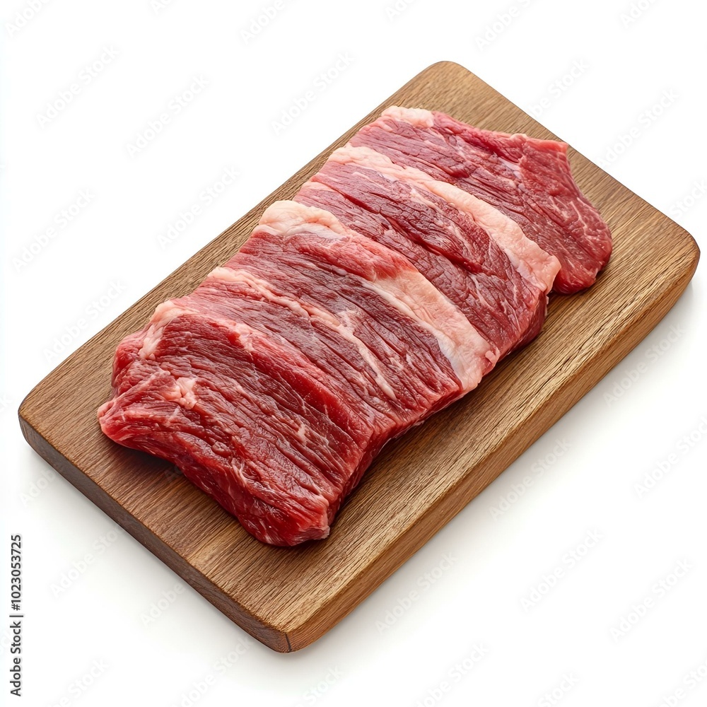 Raw beef strip steak slices on wooden board, white background. Raw beef strip steak slices on wooden board, white background.