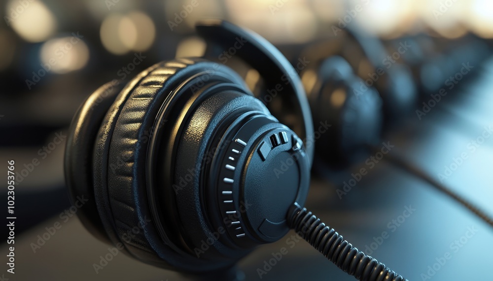 Fototapeta premium Desk headset emphasizes quick troubleshooting for effective customer support